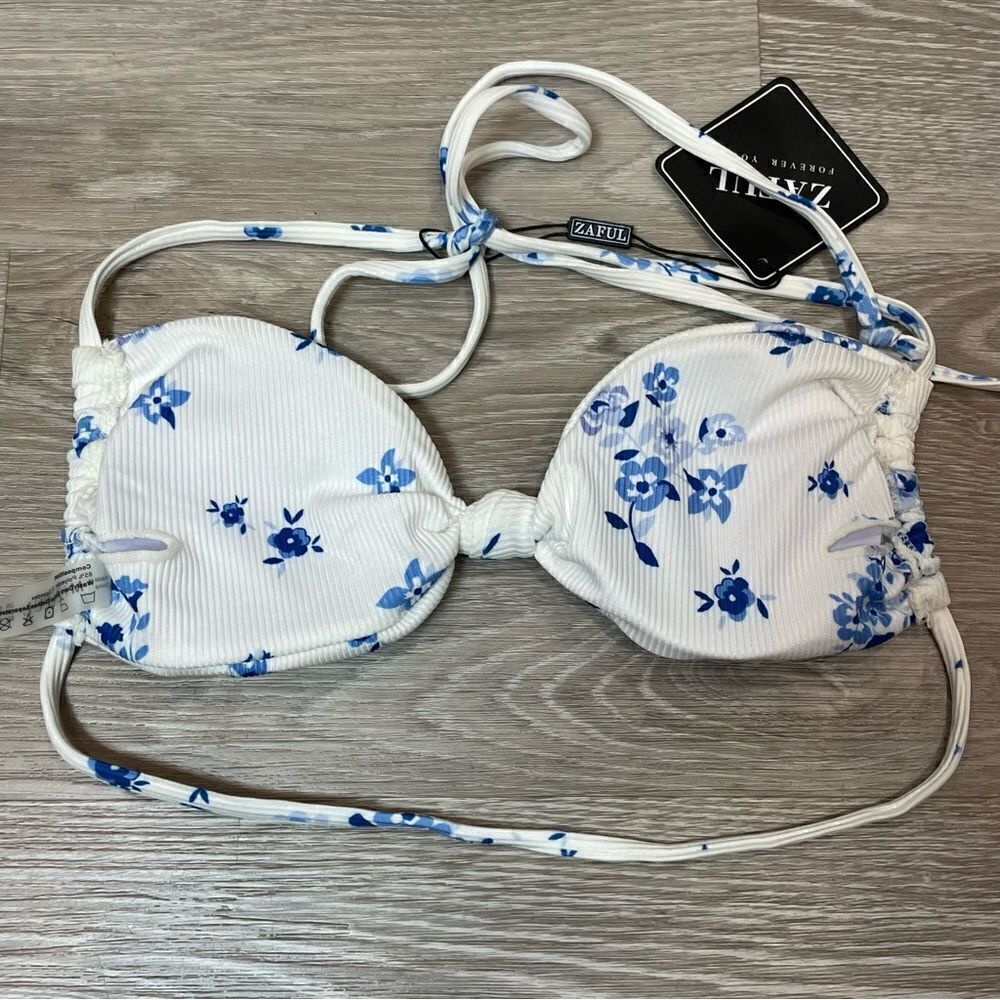 Zaful Blue and White Floral Bikini Ribbed Top Swimsuit - Picture 3 of 6